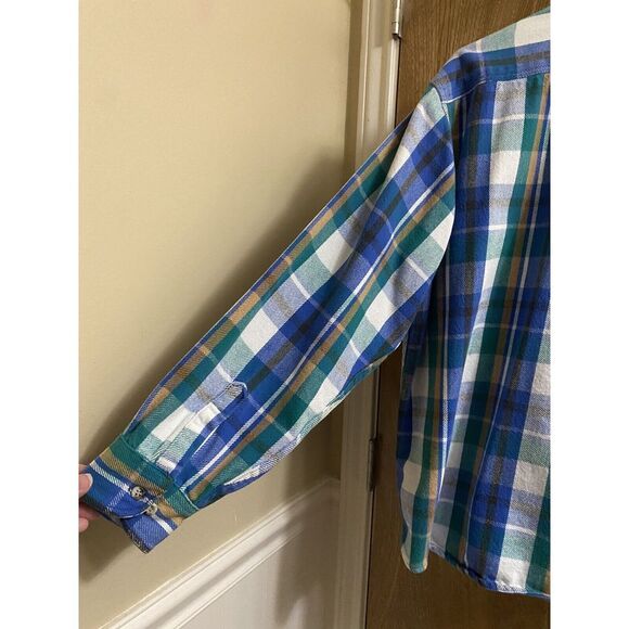 Vintage Five Brothers Thick Flannel Button Up Shirt XL Shacket Blue Green Yellow - Picture 7 of 12